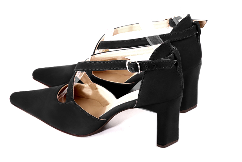 Matt black women's open side shoes, with crossed straps. Tapered toe. High comma heels. Rear view - Florence KOOIJMAN